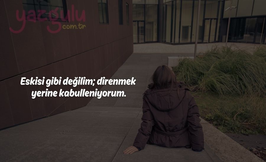 Eskisi gibi değilim; direnmek yerine kabulleniyorum. Her şeyin bir amacı veya anlamı olmasına gerek yok, çünkü değiştiremeyeceğim şeyler için yumruk sıkmayı bıraktım. Bir şey olmak zorunda değil ya da bir şey olmak zorunda değilim. Neysem o, neyse o. Artık çıktığım yolda karşıma çıkabilecek yokuşları düşünmüyorum; yolda olmayı ve yanımda olanı önemsiyorum.